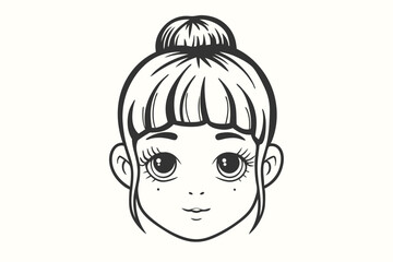 Monochrome line showcases an Asian female with a topknot and captivating expressive eyes