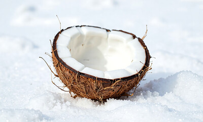 single worn coconut half sits isolated crisp background illuminated soft diffused natural