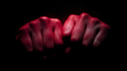 Intense red light illuminates two clenched fists symbolizing raw power struggle and determination