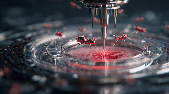 A swarm of tiny nanobots repairs a machine at a microscopic level, a concept for self-healing materials.