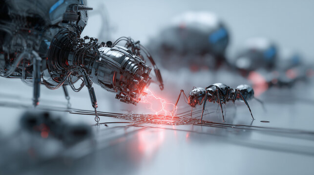 A futuristic machine with self-repairing capabilities, using a swarm of nanobots to fix a glowing crack.