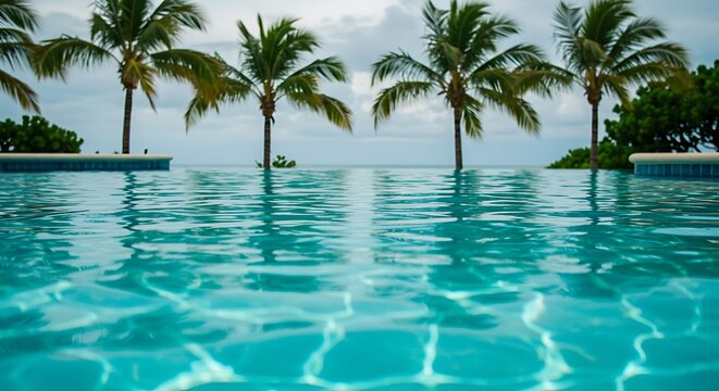 Tranquil swimming pool and palm trees on a cloudy day