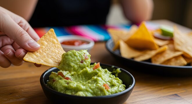 Hand dipping tortilla chip into guacamole, bokeh lights suggesting lively meal scene.