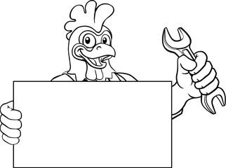 A chicken or rooster handyman, mechanic, plumber or other construction cartoon mascot man holding a wrench or spanner tool.
