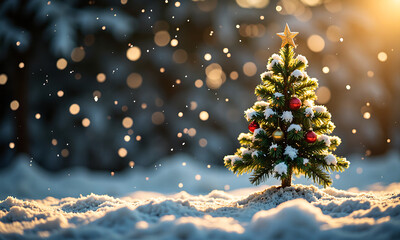 small elegantly decorated christmas tree stands alone warm golden glow amidst scattered white snowflakes softly