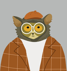 Avatar character funny tarsier in glasses, in sweater with sunglasses. Hand drawn vector illustration.