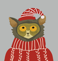 Tarsier avatar in christmas sweater, cap, cute character, funny muzzle.  Hand drawn vector illustration.