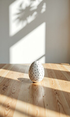 small white dotted easter egg sits alone minimalist wooden table illuminated soft natural