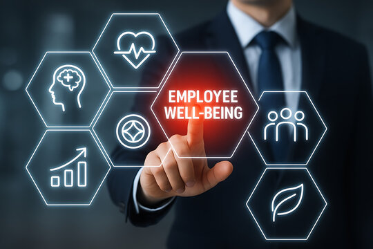 businessman hand touching employee well-being hexagon surrounded by icons like health growth mind team and nature representing holistic corporate care - Powered by Adobe