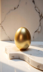 solitary golden easter egg sits atop polished white marble surface warm softbox