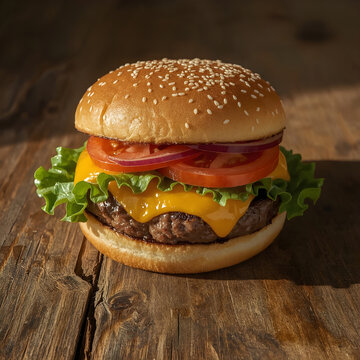 Classic Beef Burger with Melted Cheese and Fresh Vegetables &ndash; Realistic Fast Food Image