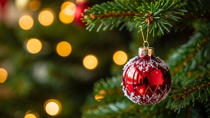 Macro of Frosted Red Christmas Bauble on Pine Branch with Golden Fairy Lights