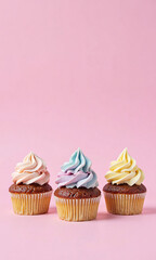 trio cupcakes sits neatly arranged soft pink gradient