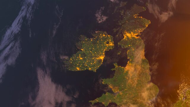 Ireland from Space at Sunrise. UK from Space Orbit. Planet. Globe
