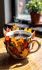 vibrant autumn leaf collage wraps around steaming coffee cup wooden table soft natural light shining