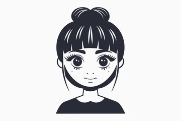 Monochrome cartoon portrait shows a pretty girl with a bun and bangs smiling nicely