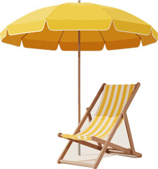 Bright Yellow Beach Umbrella and Deck Chair on White Background