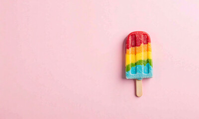 vibrant colorful ice cream popsicle sits atop soft pastel pink flat lay subtle gradient