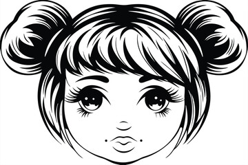 Line art reveals an adorable girl with space buns hairstyle looking forward charmingly