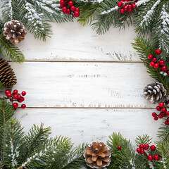 Festive christmas garland border on white wooden background