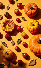 vibrant flat lay autumnal pumpkins seasonal fruits warm sunlight