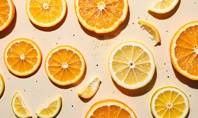 vibrant flat lay features orange citrus slices soft sandy backdrop warm natural