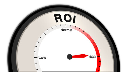 ROI at high levels, displayed on a barometer or tachometer, illustrating significant return on investment, optimal business performance, and strong financial growth and success