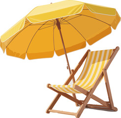 Bright Yellow Beach Umbrella and Deck Chair on White Background