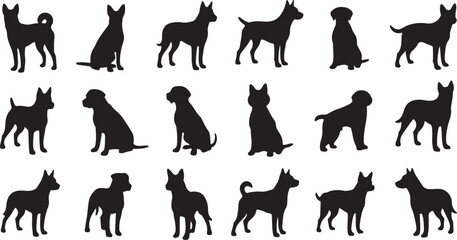 Collection of Fifteen Dog Silhouettes in Various Poses and Breeds on White Background Keywords: dog, silhouette, canine, animal, pet, breed, puppy, mammal, domestic, also transparent background