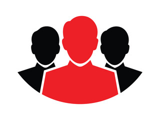 Three people icon isolated on white background, one in red and two in black