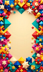 vibrant colorful geometric arrangement festive shapes patterns fills frame set warm golden light