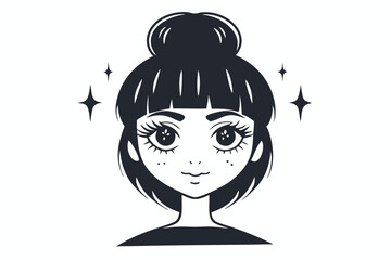 Monochrome young woman with a top bun gazes out between sparkling stars