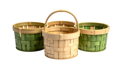 Three handcrafted woven baskets with cylindrical bodies and handles, on a dark background