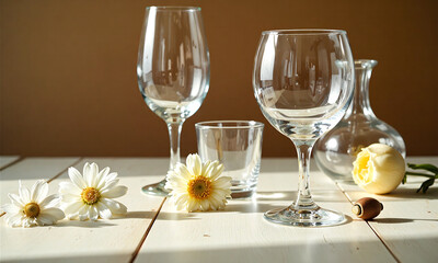 warm delicate flowers elegant glasses arranged artfully minimalist wooden