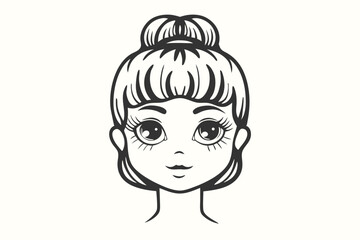 Line drawing shows a cartoon girl with big eyes and a bun hairstyle