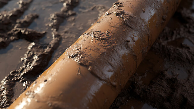 Muddy terrain with a cylindrical object, details the textures and tones of earth after rain, perfect for backgrounds needing raw, natural elements.