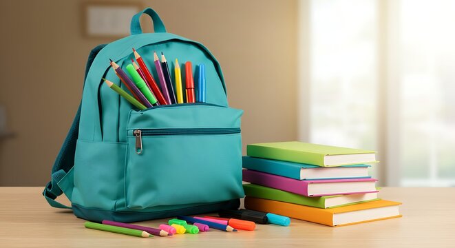 Turquoise backpack with colorful pencils and books on a wooden table