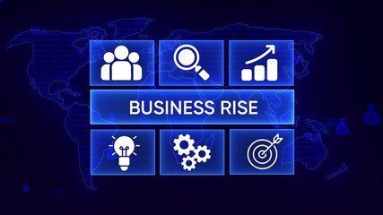 Business growth concept with team icon magnifying glass graph arrow lightbulb gears target on digital world map background with binary code and money bag symbols representing global - Powered by Adobe