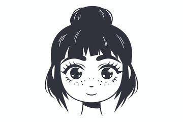 Monochrome anime girl with freckles, bangs, big eyes, and a topknot smiles gently