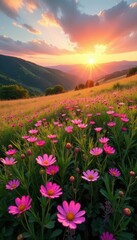 Fototapeta premium Pink wildflowers carpet a vibrant meadow as the sun sets over rolling hills , landscape, pastel