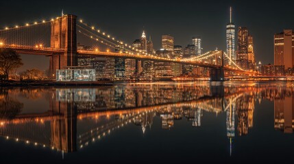 Stunning nighttime view of the Brooklyn Bridge and NYC skyline reflecting in the water with vibrant city lights creating a captivating urban landscape