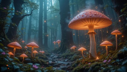 A captivating mystical forest scene where a myriad of luminous fungi cast an enchanting, otherworldly glow upon a winding path, evoking a dreamlike fantasy realm