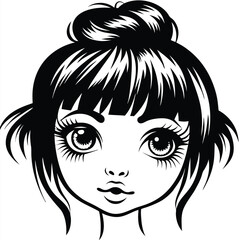 Young fairskinned woman with big eyes stares outward, her black hair styled into a bun