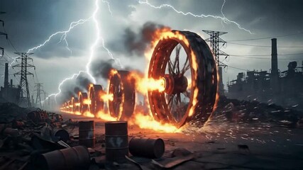 Apocalyptic wheels ablaze rolling through a desolate industrial landscape with lightning striking power lines in a dramatic scene - Powered by Adobe