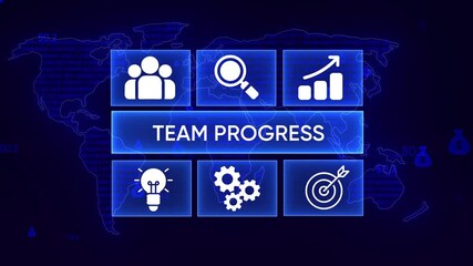 Team progress concept digital interface with global map binary code and icons for collaboration growth innovation success and finance - Powered by Adobe