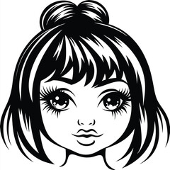 Stylized young girl with big eyes and bun hairstyle stares directly forward