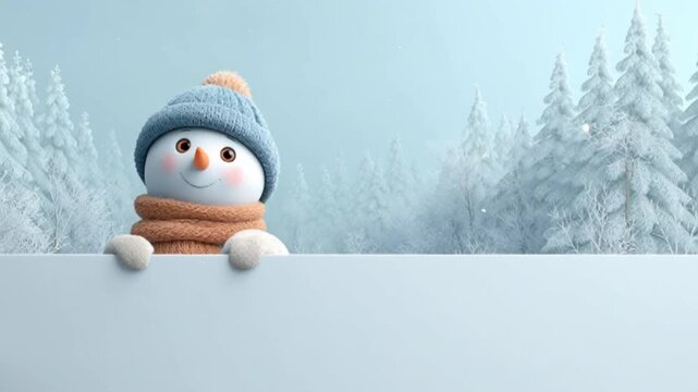 Adorable mu&ntilde;eco de nieve de dibujos animados 3d junto a un cartel blanco con fondo de bosque nevando en navidad