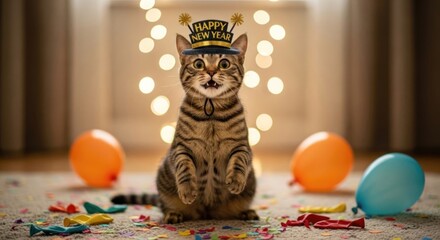 A festive feline celebrating new year's eve with hat balloons and confetti adding joyful spirit