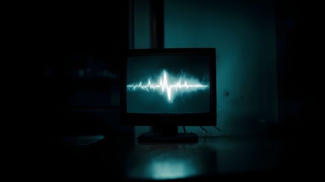 Luminous cyan waveform pulsing on a dark monitor screen symbolizing data sound or heartbeat
