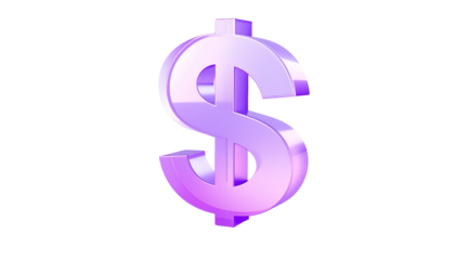 A shiny, three-dimensional dollar sign in a gradient purple hue, isolated against black
